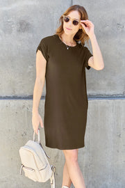 Basic Bae Full Size Round Neck Short Sleeve Dress with Pockets Mocha - Fashorio
