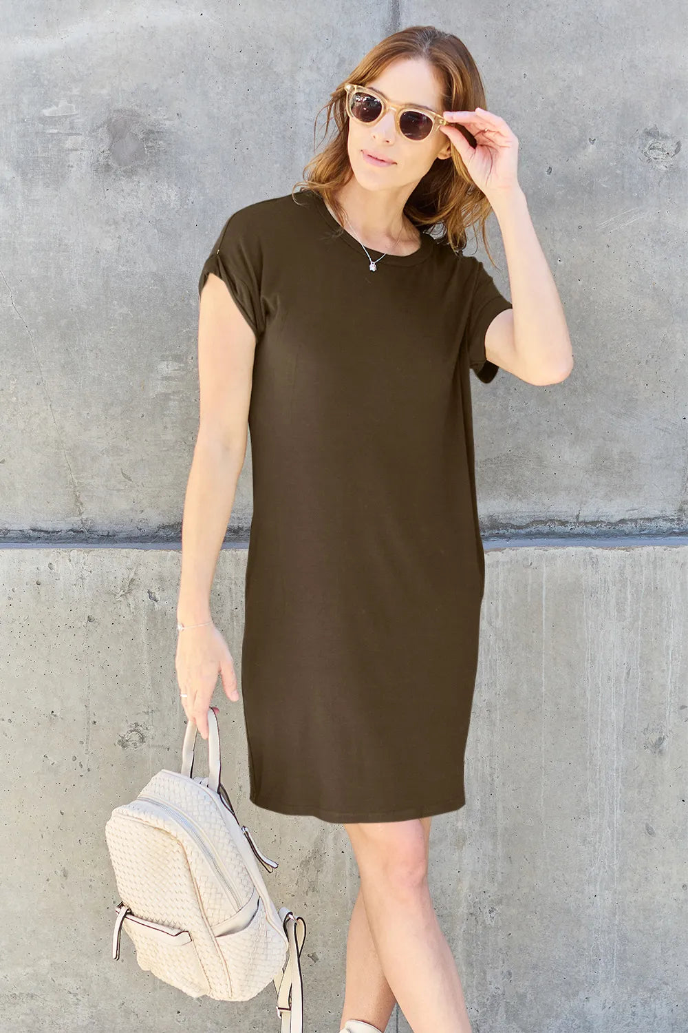 Basic Bae Full Size Round Neck Short Sleeve Dress with Pockets Mocha - Fashorio
