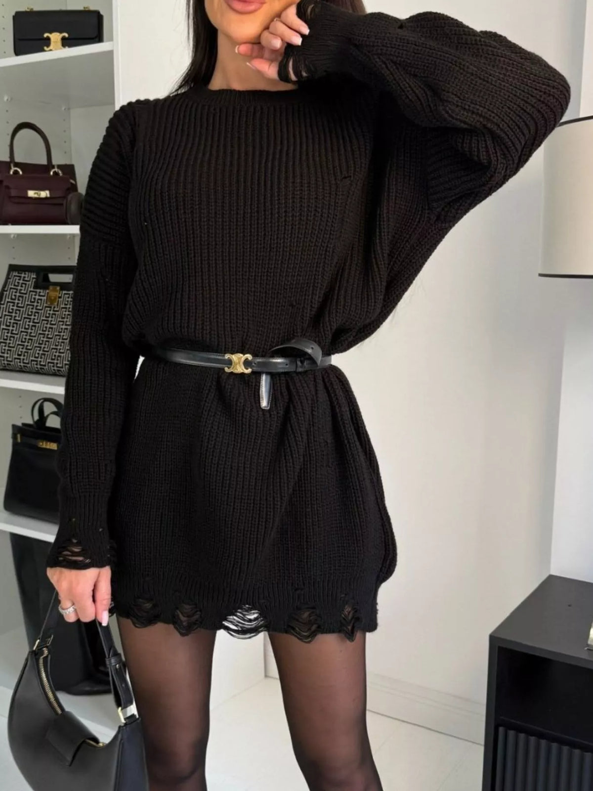 distressed drop shoulder sweater dress styled outfit view
