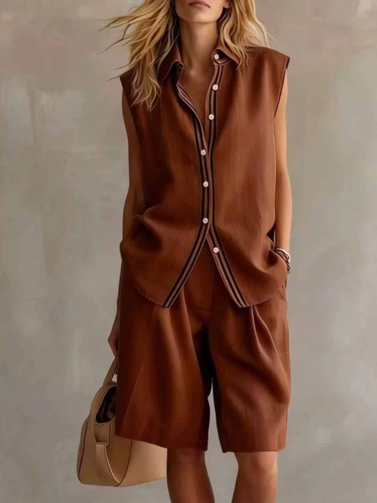 Sleeveless button up top and shorts side view