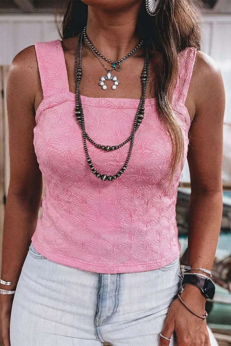 Pink textured square neck tank front view