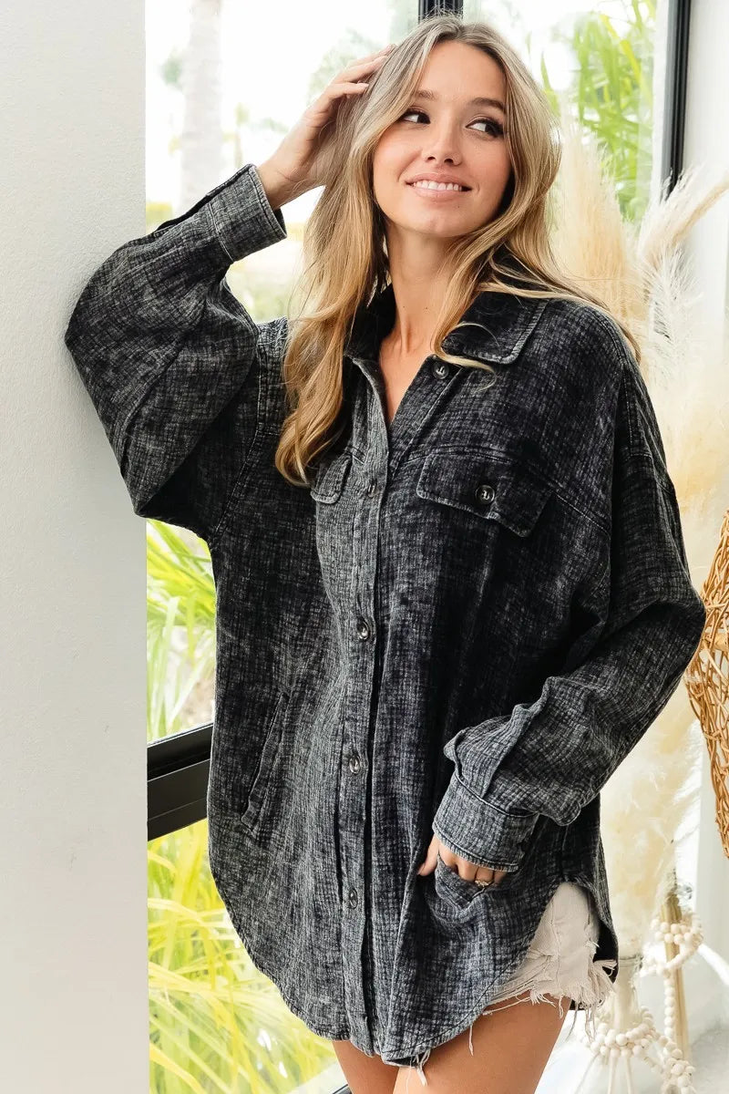 BiBi Vintage Washed Wrinkle Gauze Shacket - Fashorio