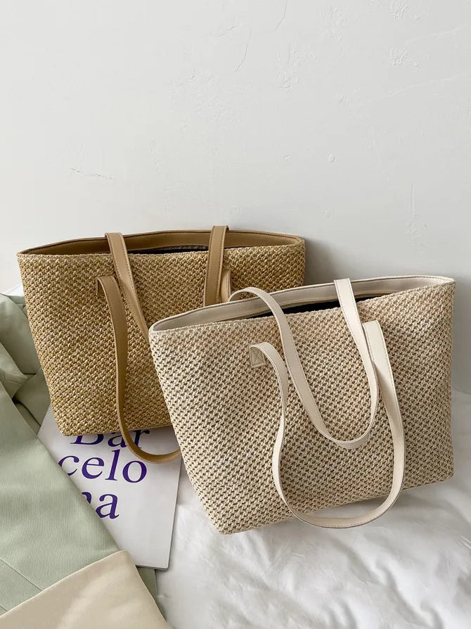 Solid color woven tote bag in beige