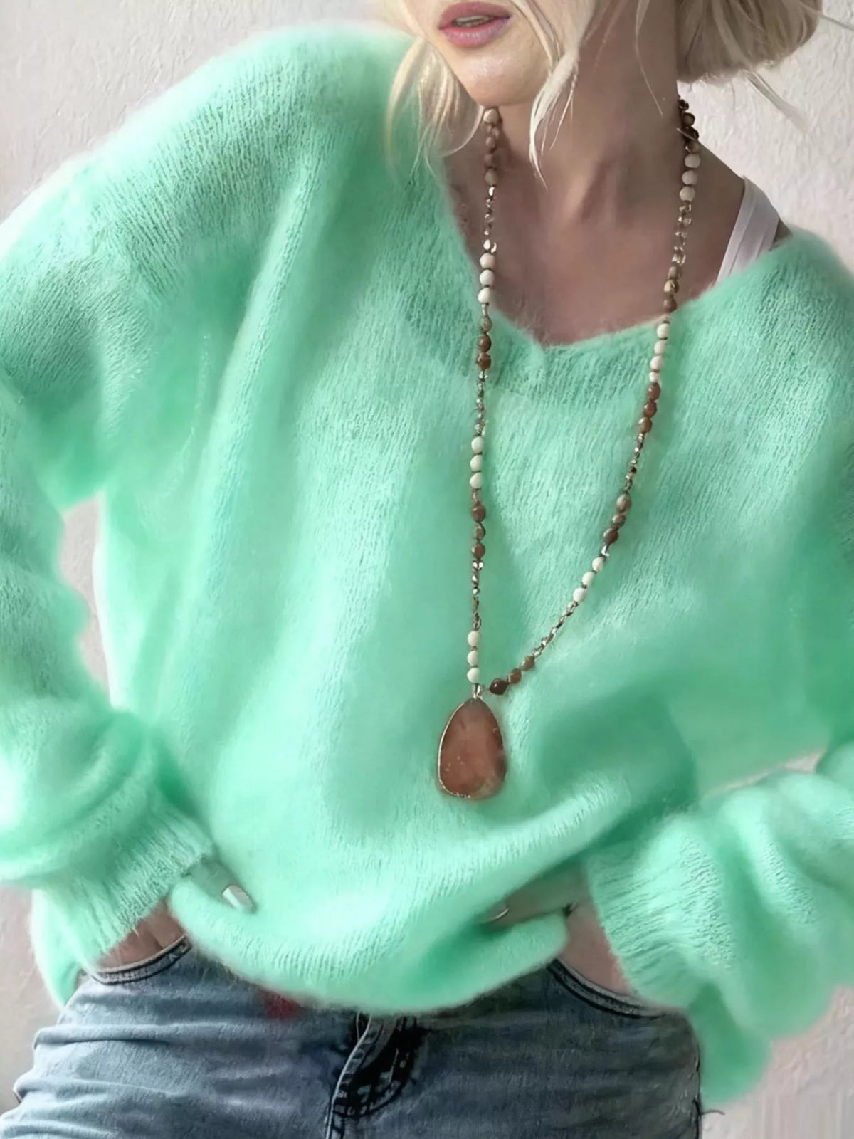 v neck dropped shoulder sweater front view