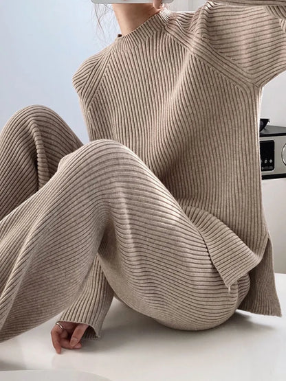 Mock Neck Raglan Sleeve Top and Pants Sweater Set - Fashorio