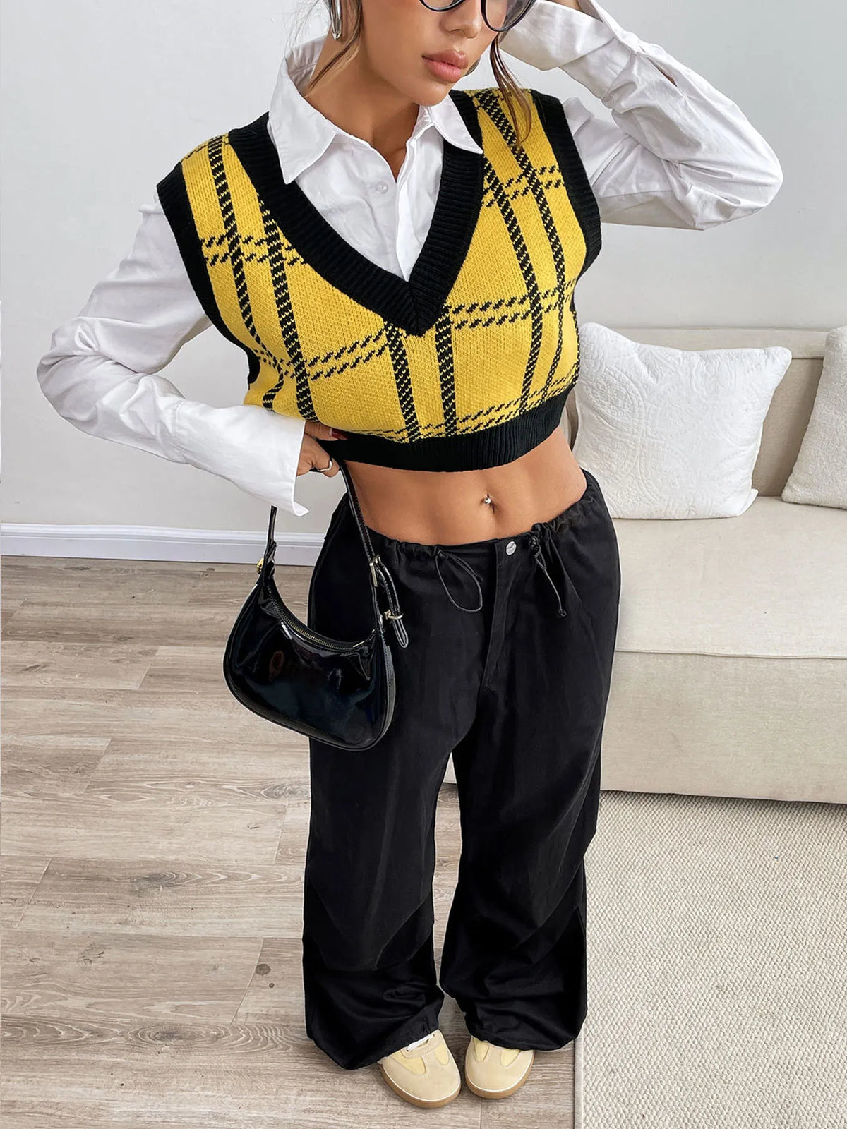 Plaid V Neck Cropped Sweater Vest styled look