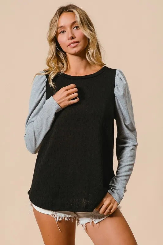 Cable Knit Top with Contrast Puff Sleeve in Black view 8