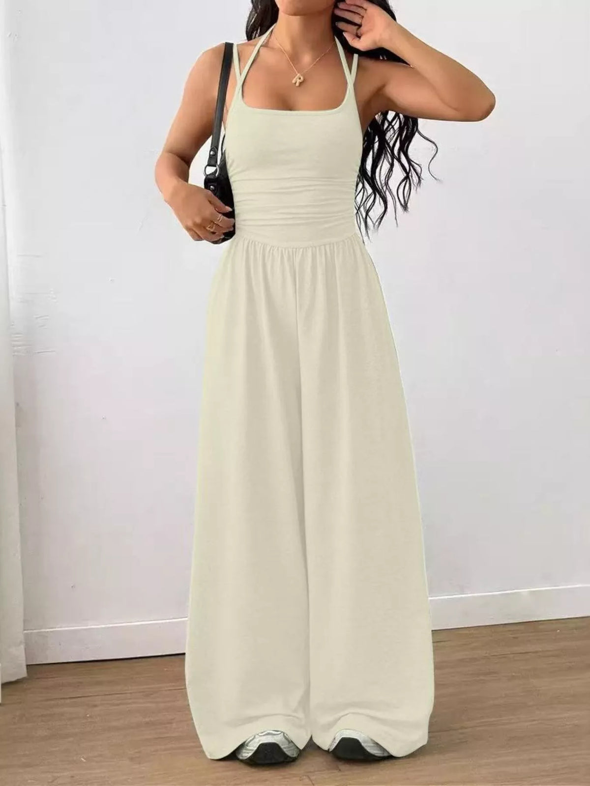 Spaghetti strap wide leg jumpsuit styled view