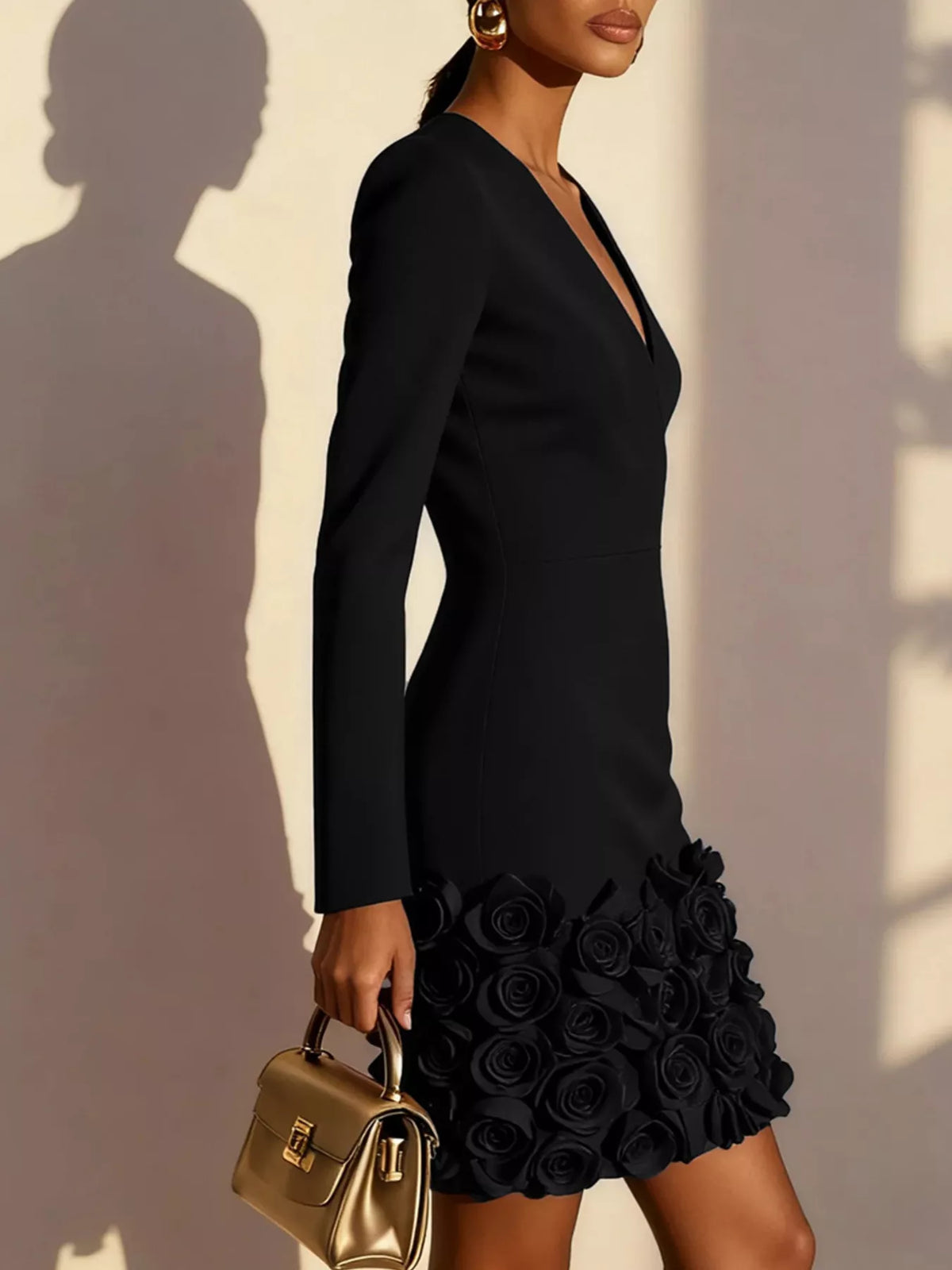 Rose embellished V neck dress side view