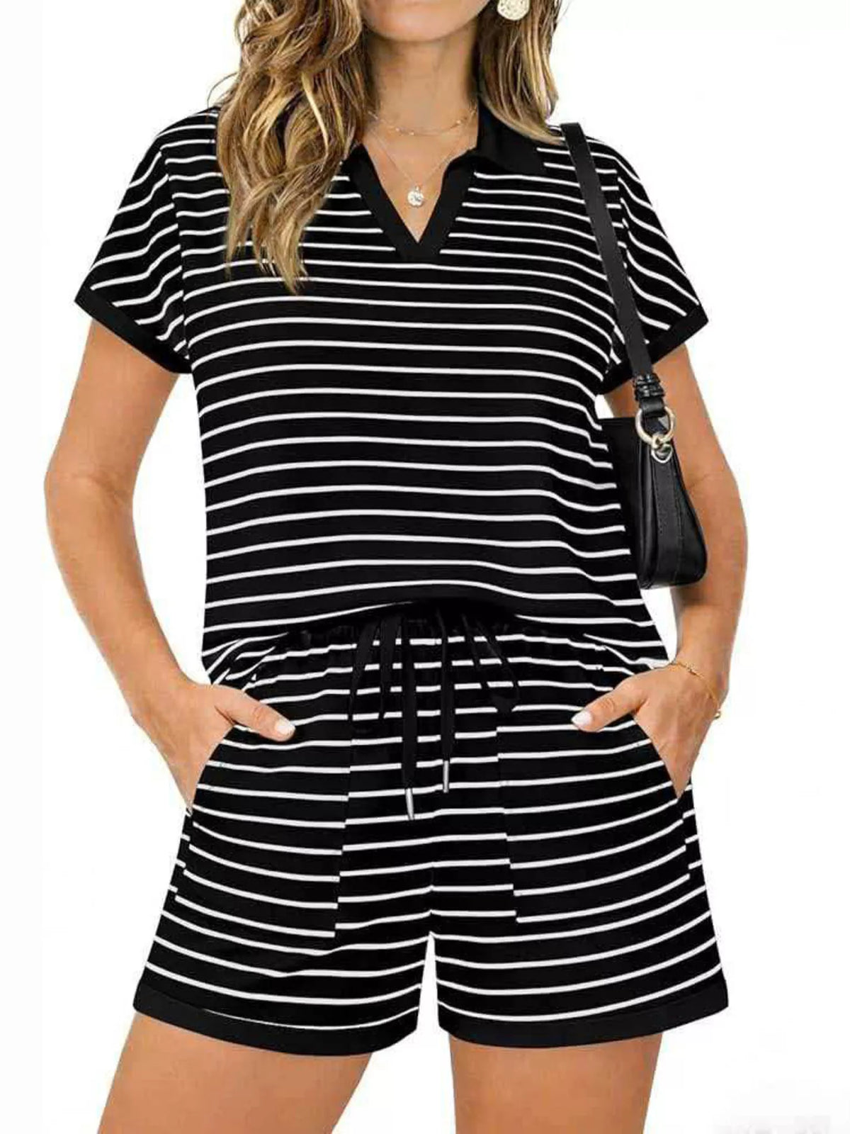 Striped Short Sleeve Polo and Shorts Set, view 8