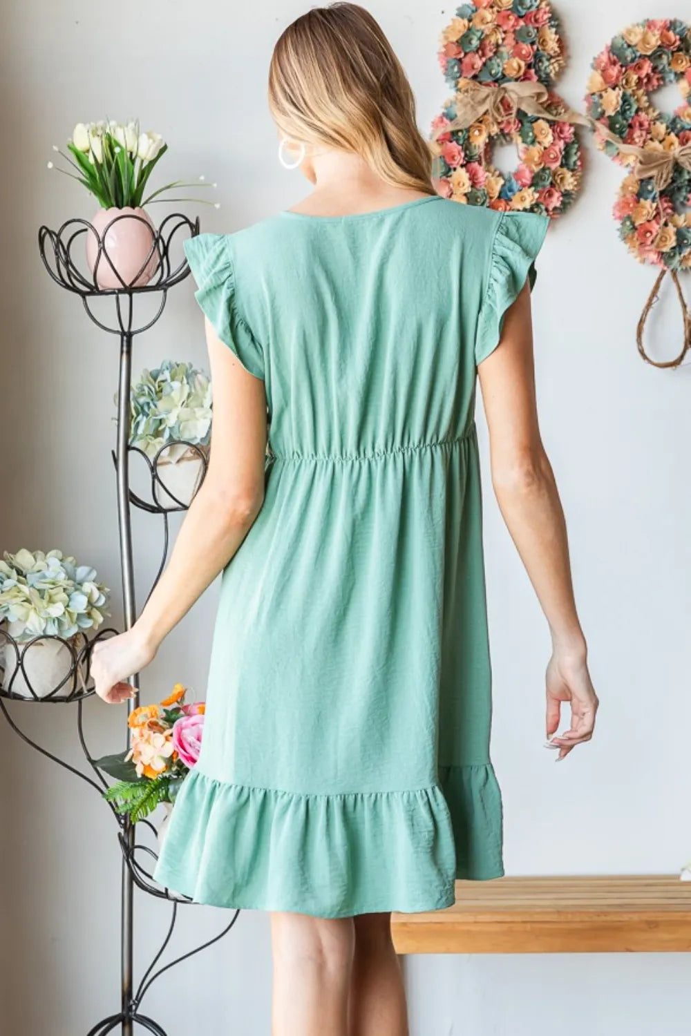 Short Sleeve V Neck Ruffled Hem Dress back view