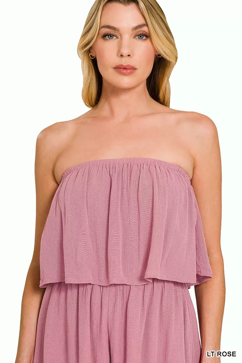 Back view of the woven crinkle romper
