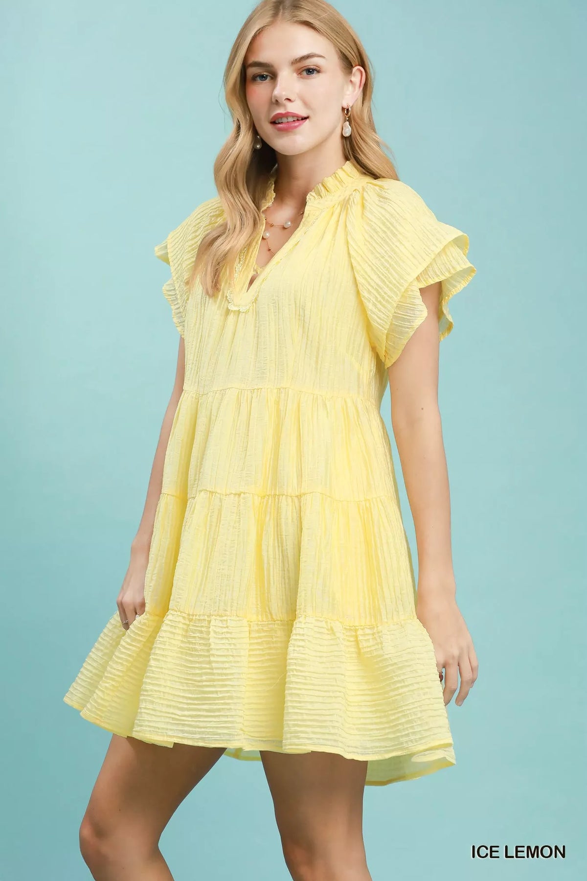 Ice lemon tiered ruffle sleeve mini dress side view