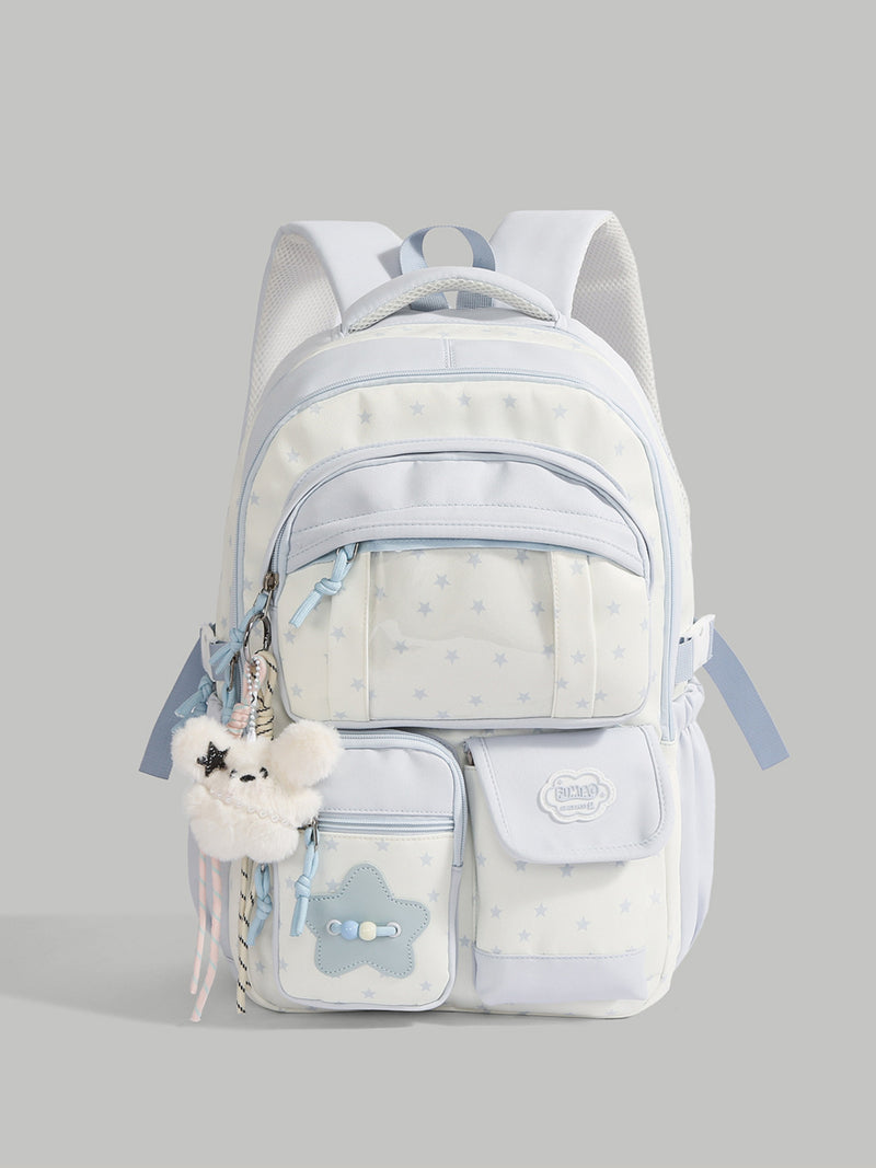 Blue star pattern nylon backpack front view