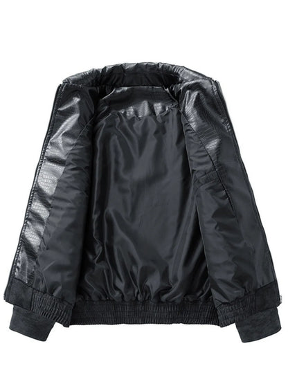 Men's Plus Size Leather Bomber Jacket with Full Zip Front - Fashorio
