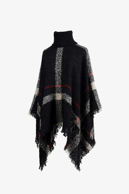 Plaid Turtleneck Raw Hem Poncho - Fashorio