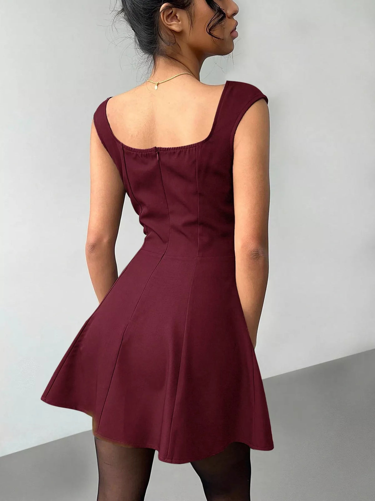 Burgundy sleeveless A line mini dress front view
