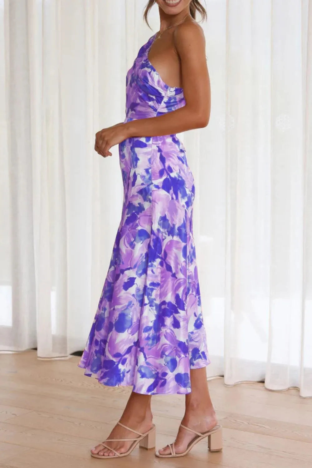 Ruched lavender midi dress detail
