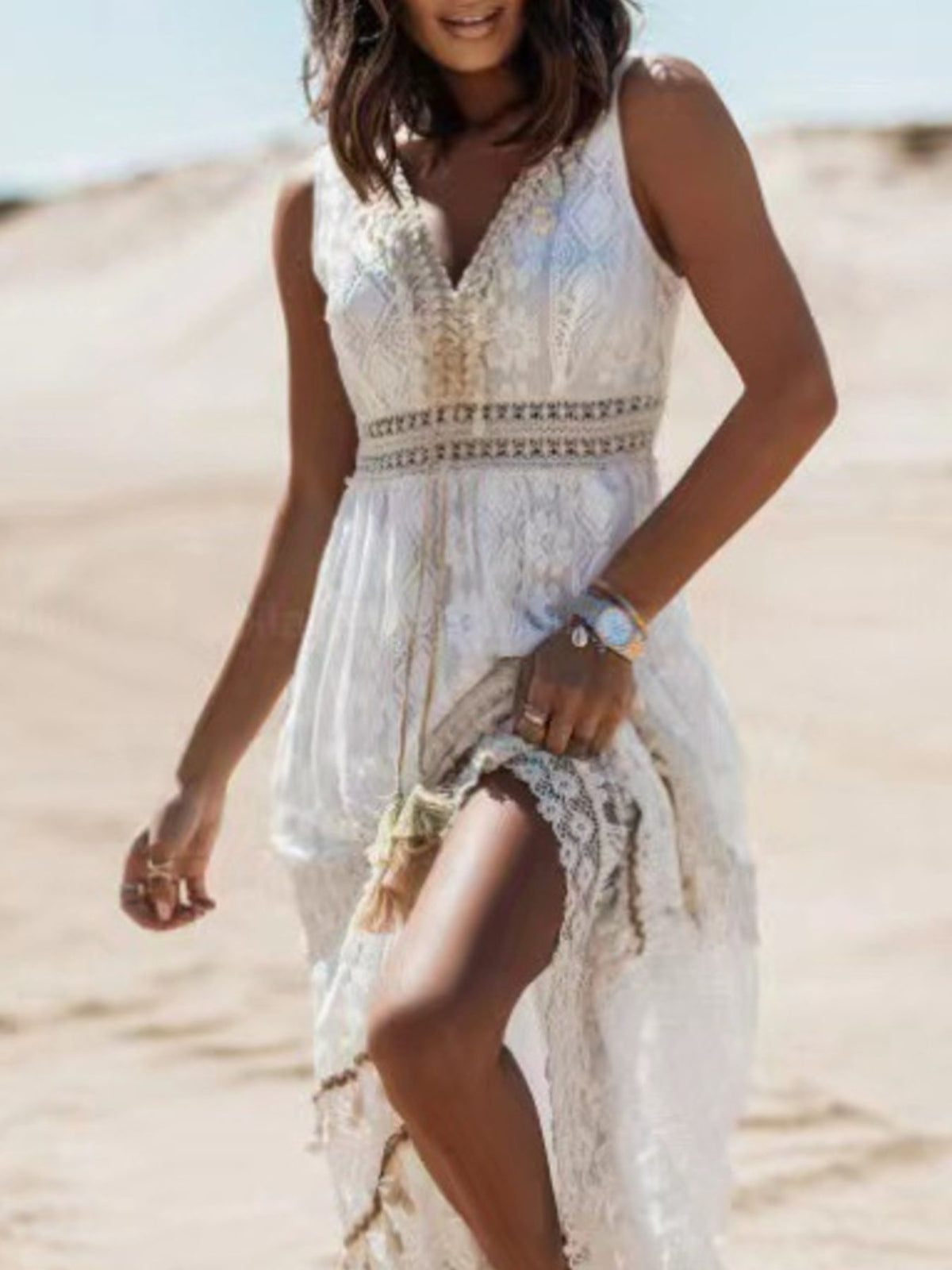 Lace V neck sleeveless maxi dress full length view