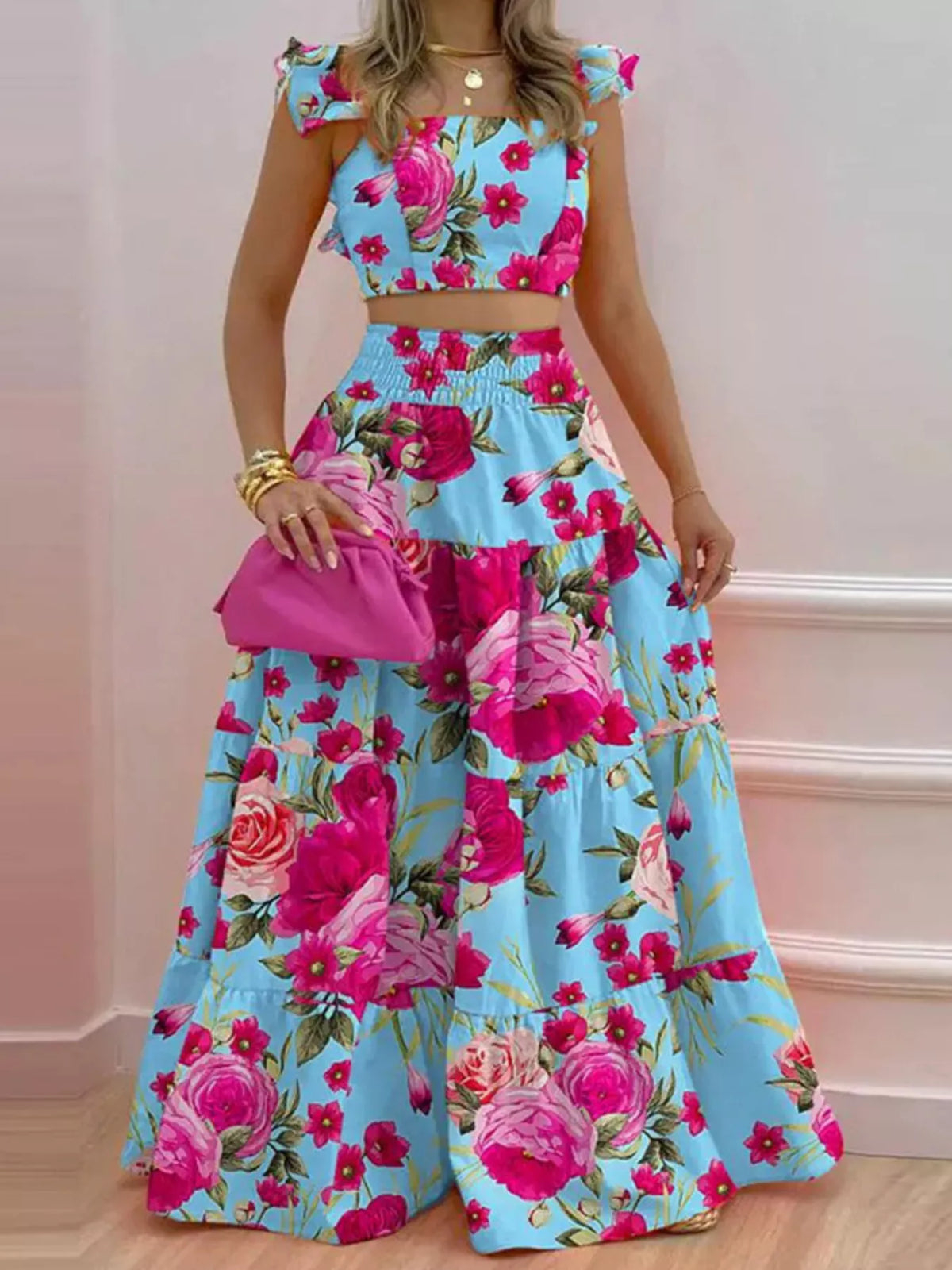 Orange red crop top maxi set look