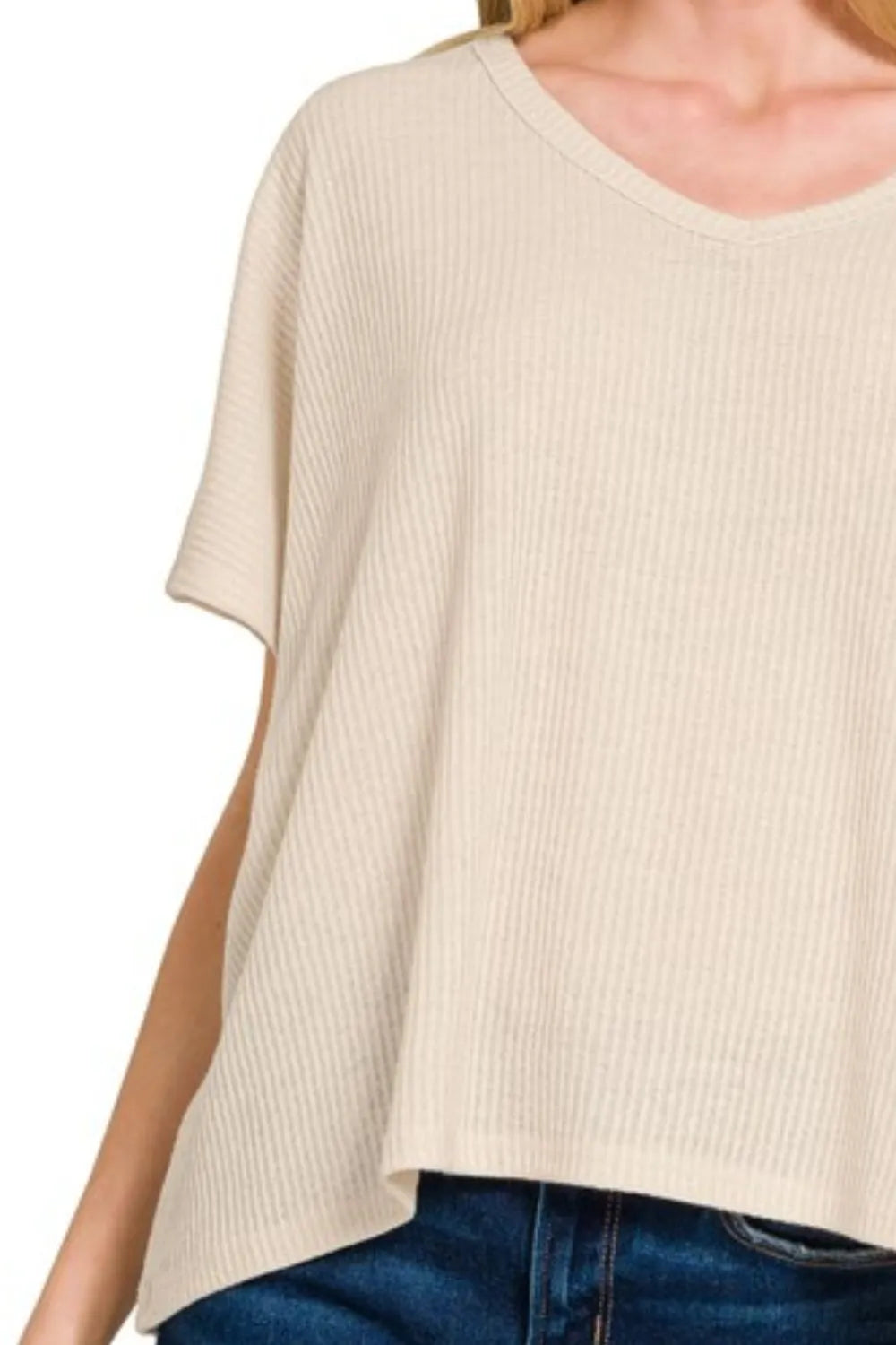 Zenana Ribbed V-Neck Short-Sleeve Knit Top - Fashorio
