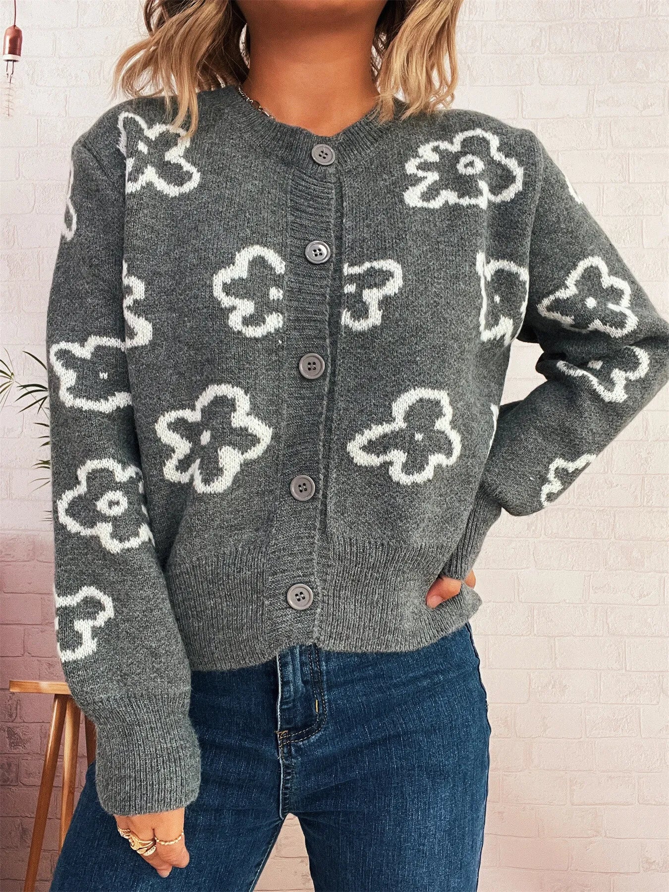 Floral Pattern Button-Up Cardigan - Fashorio