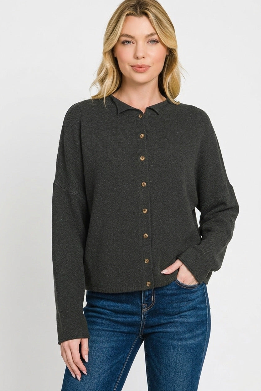 Model wearing black collared cardigan sweater