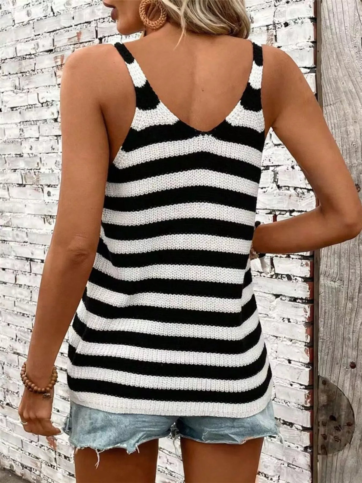 V neckline detail on striped sleeveless top