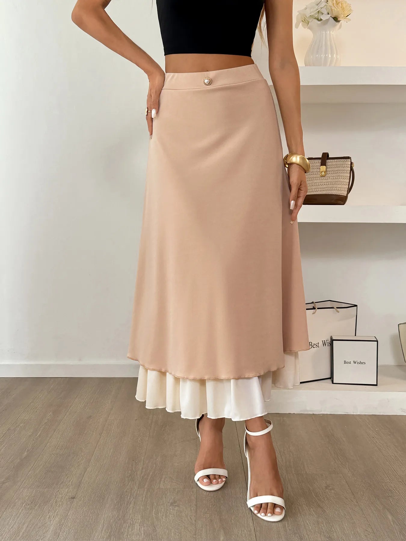 Layered Midi Skirt with Contrast Hem Detail - Fashorio