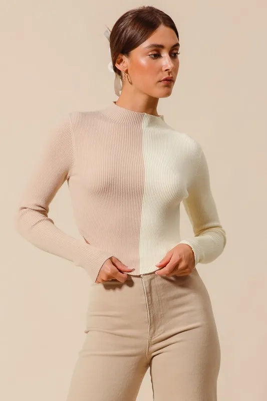 Color Block Fitted Cropped Sweater Top in Taupe and Ivory