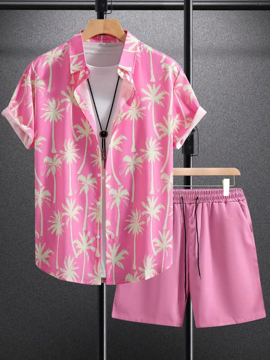 Men's Palm Tree Print Top and Shorts Summer Set Dusty Pink - Fashorio