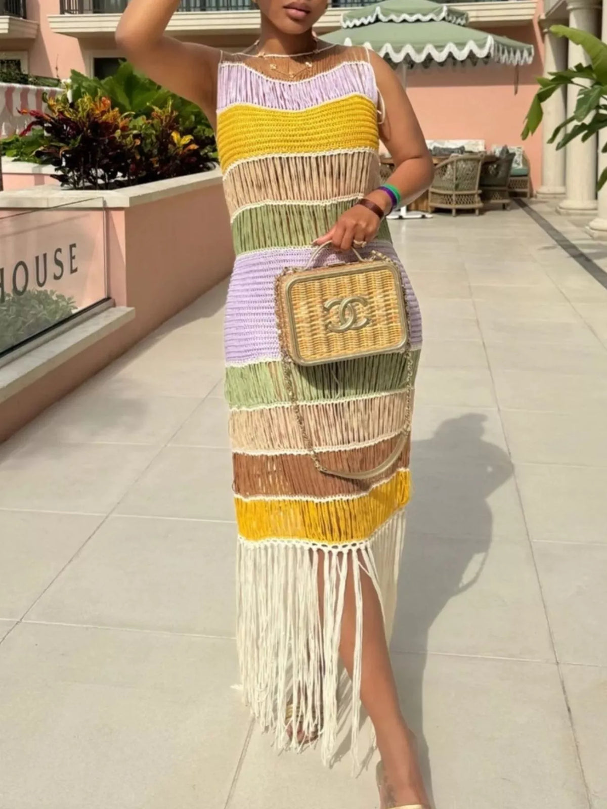 Crochet knit dress side view showing the split