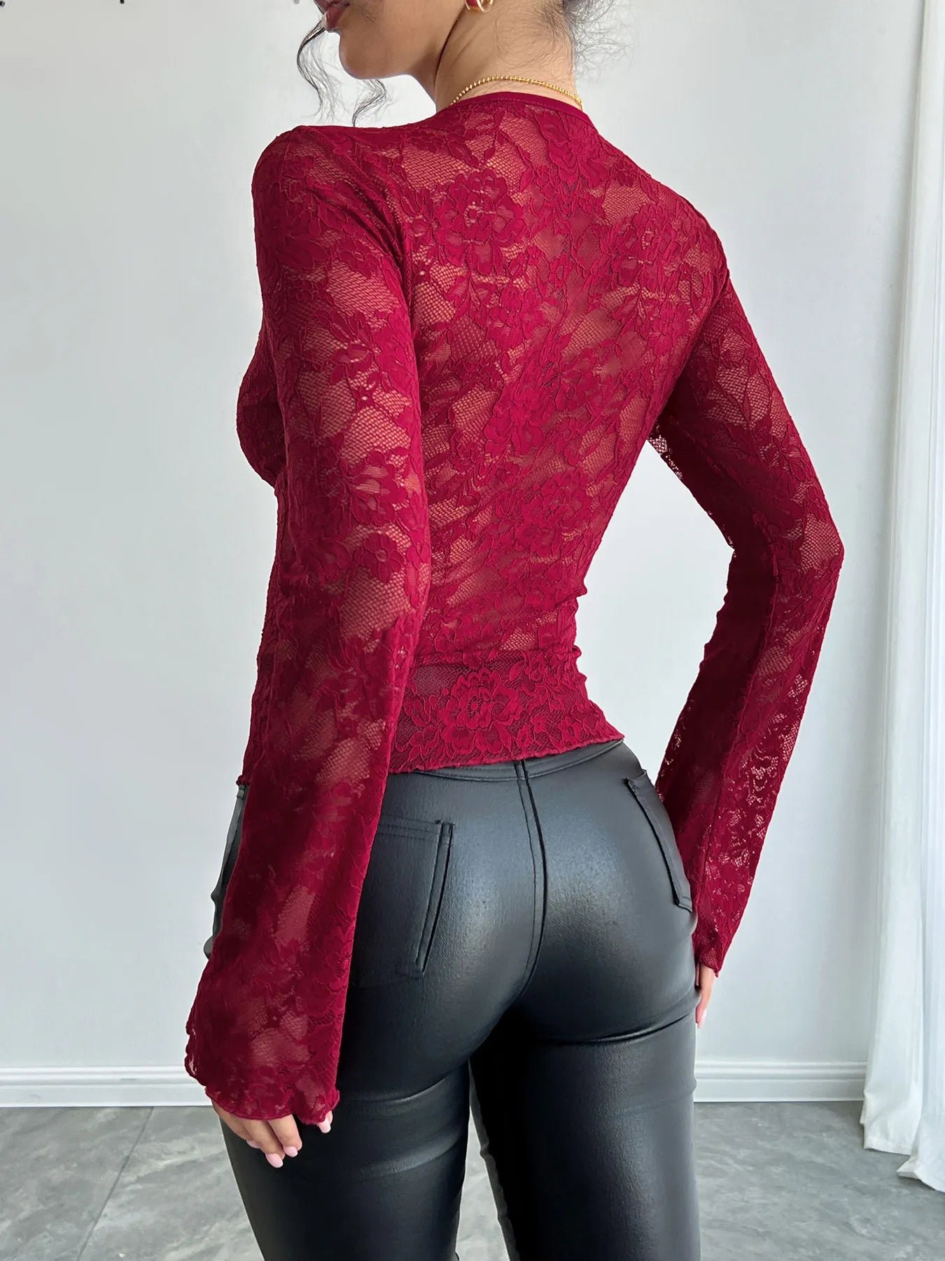 Lace Deep V-Neck Long Sleeve T-Shirt - Fashorio