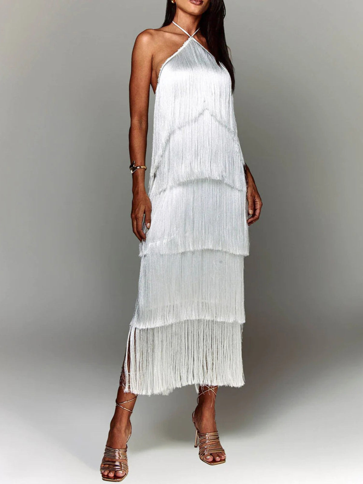 Fringe detail close up on maxi dress
