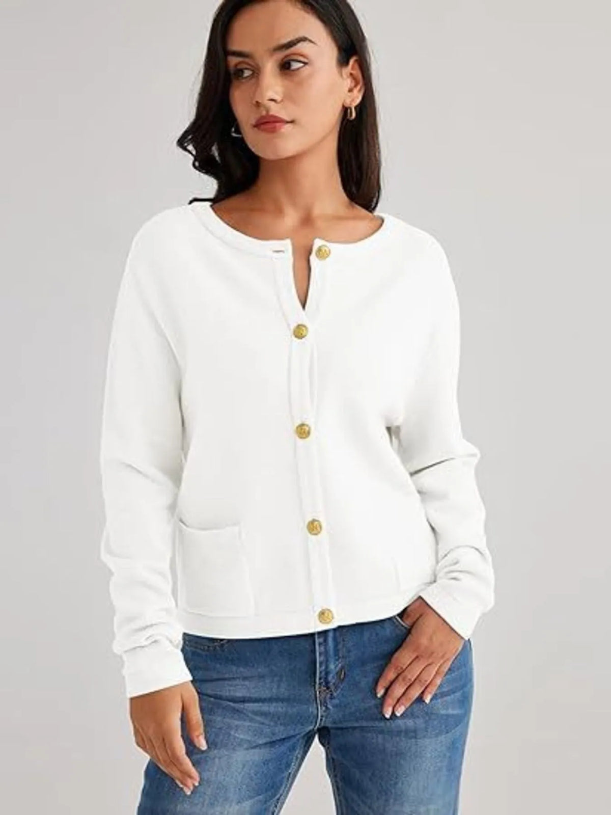 striped button up cardigan neckline detail