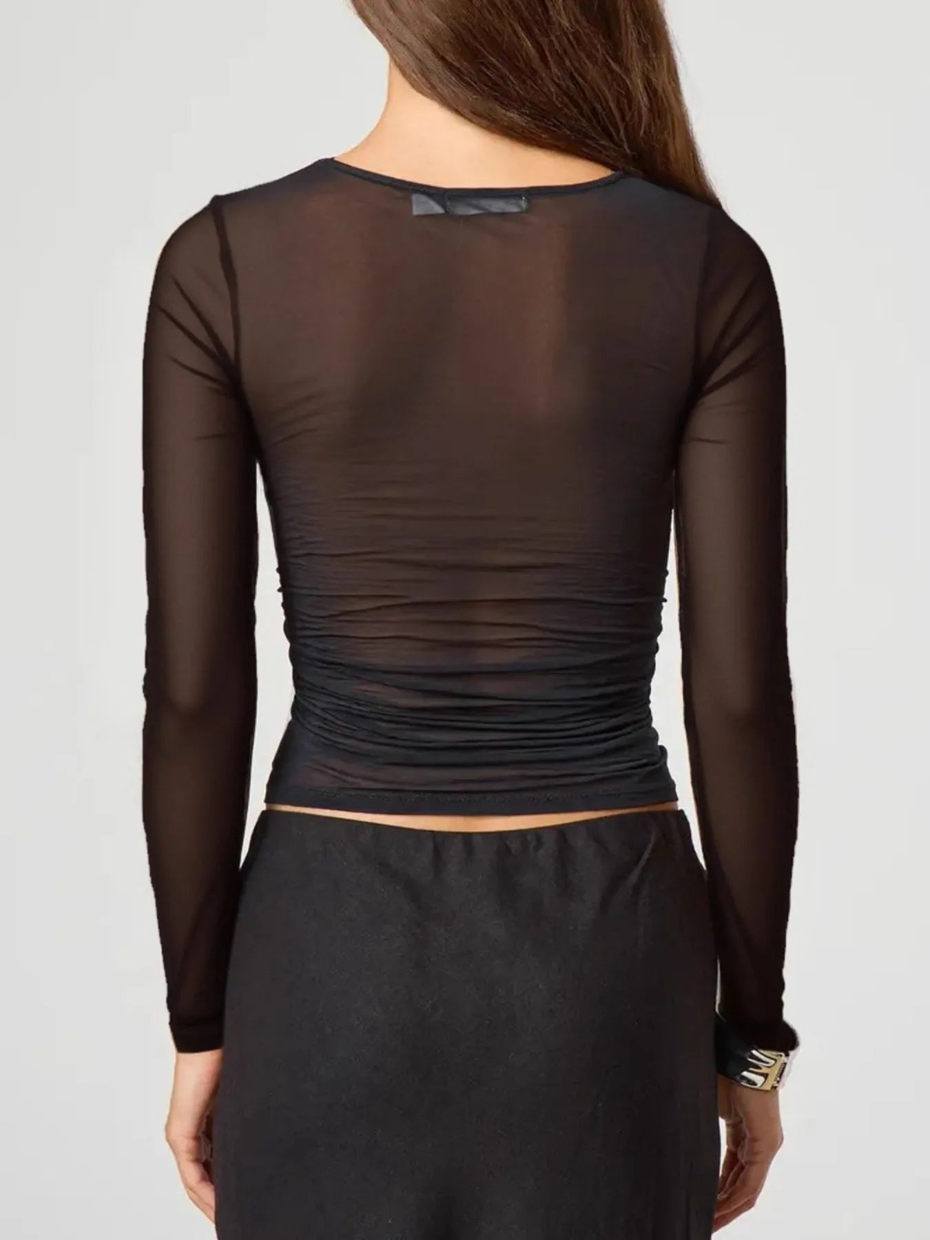 Ruched Mesh Long Sleeve Top - Fashorio