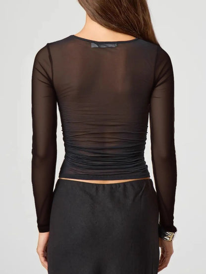 Ruched Mesh Long Sleeve Top - Fashorio