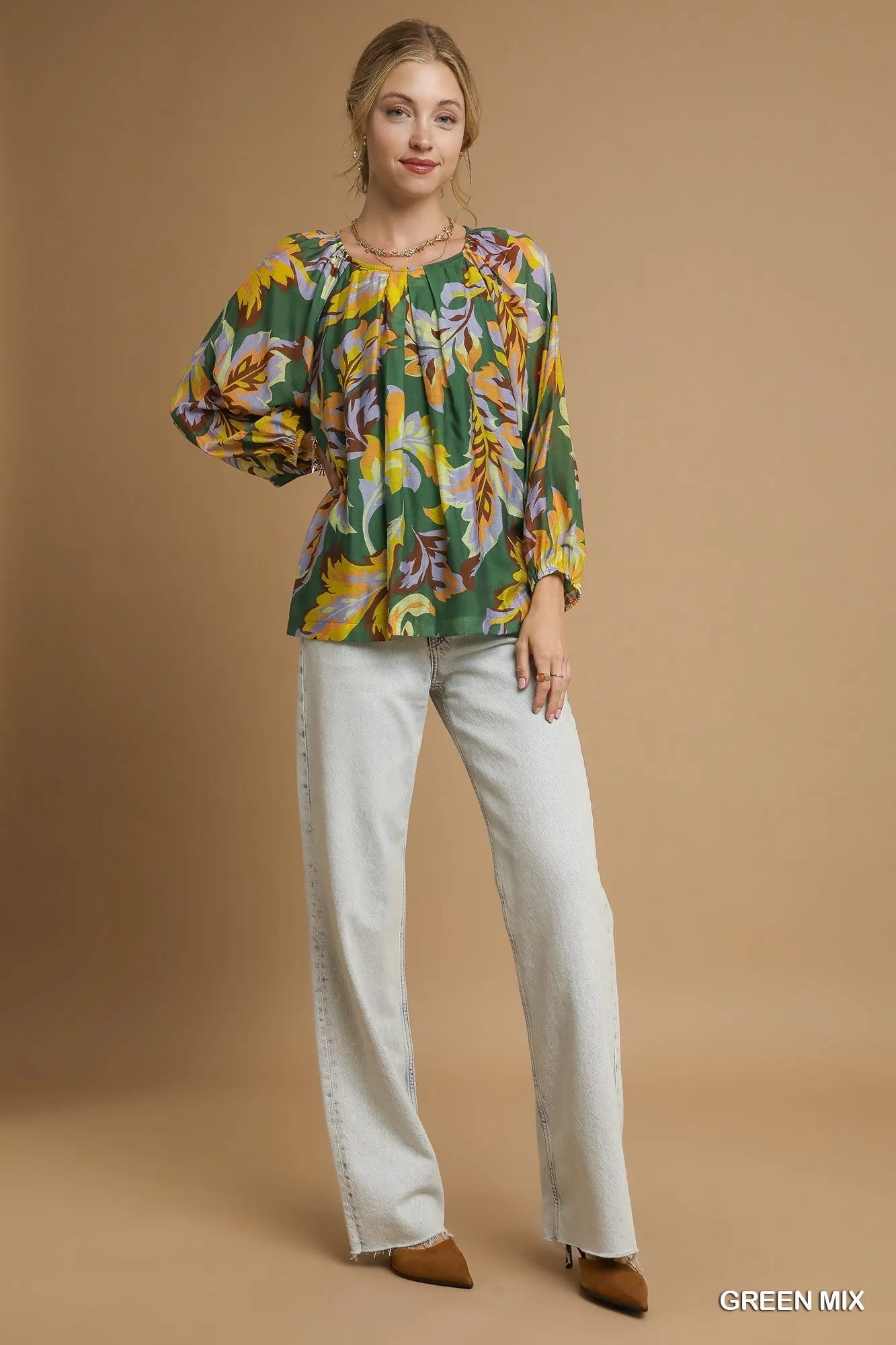 Umgee Mix Abstract Print Balloon Sleeve Blouse - Fashorio