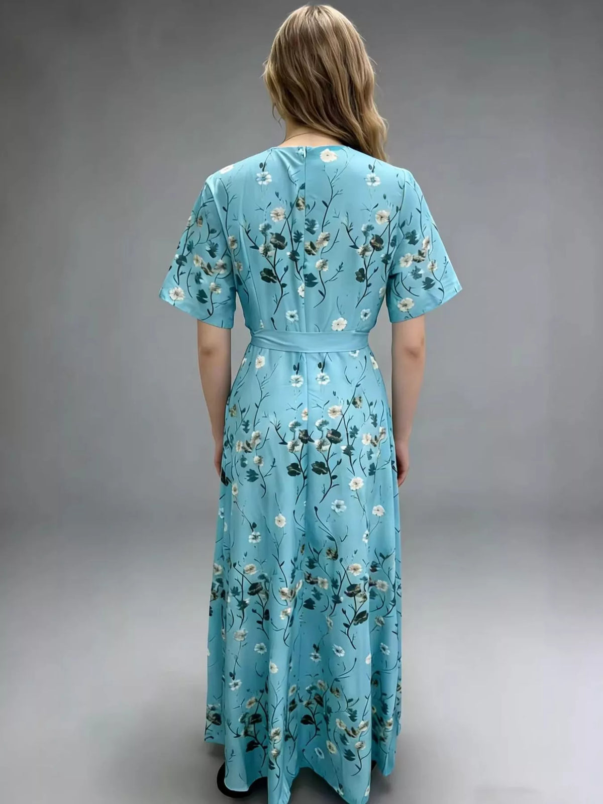 Floral Print Short Sleeve Wrap Maxi Dress back view