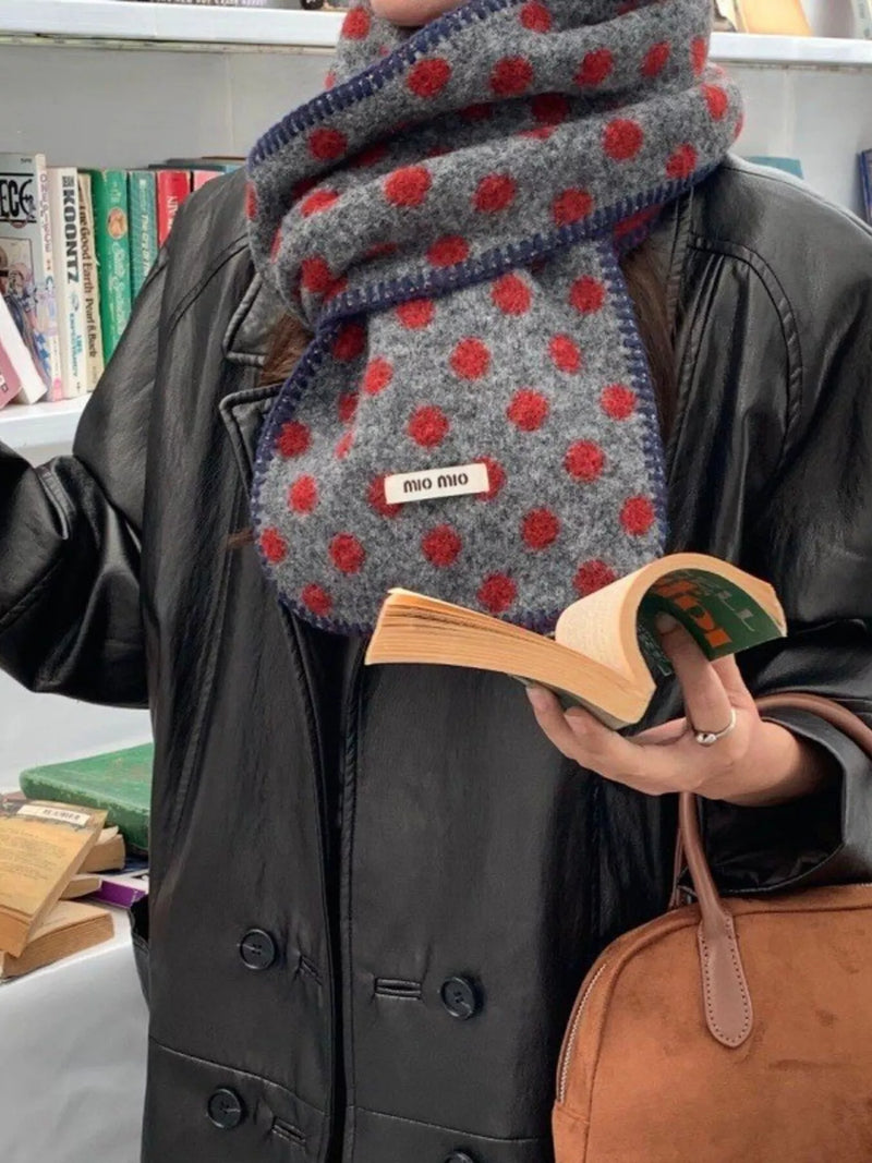 Polka dot warm scarf shown at full length