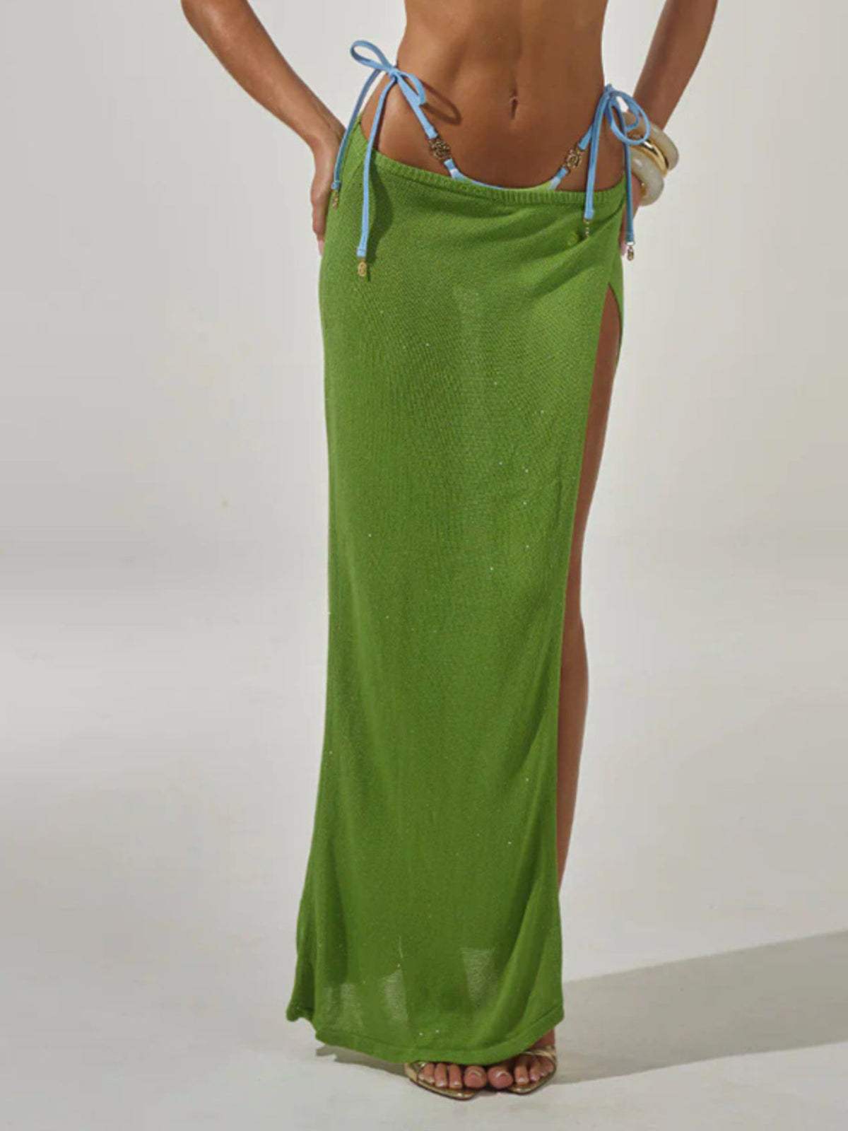 Green knit maxi skirt styled outfit