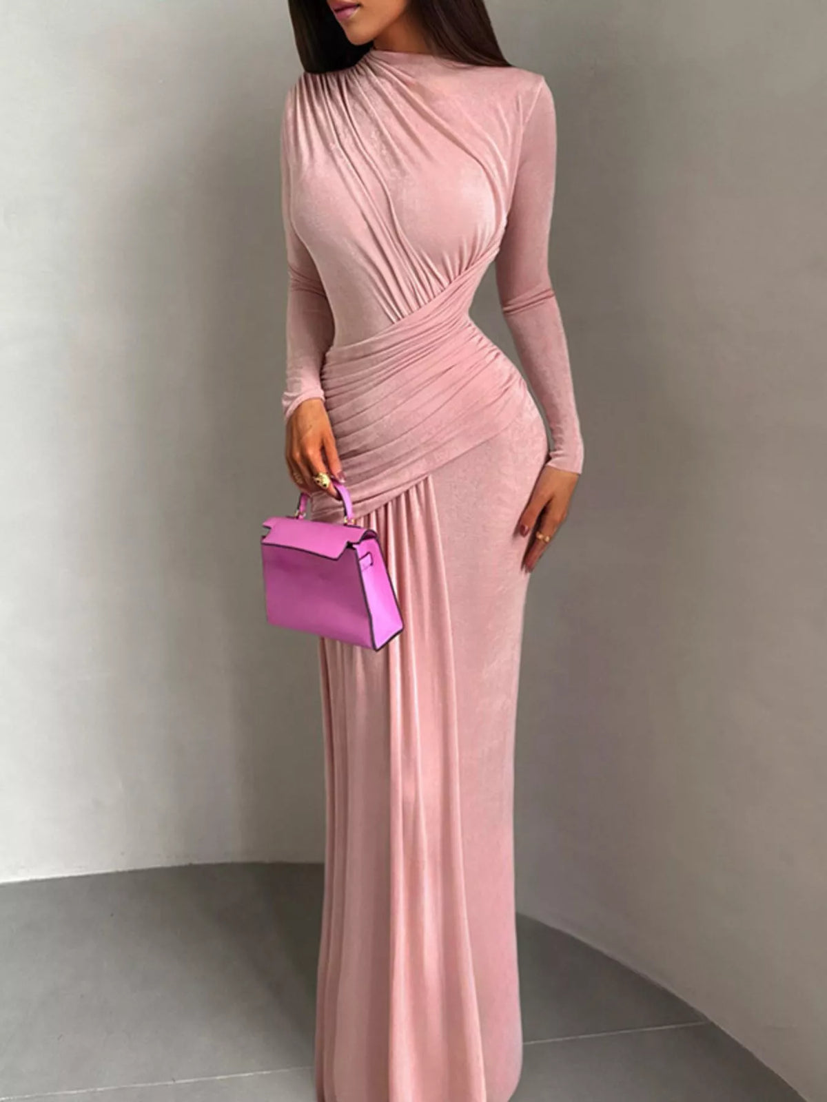 Ruched long sleeve maxi dress back view