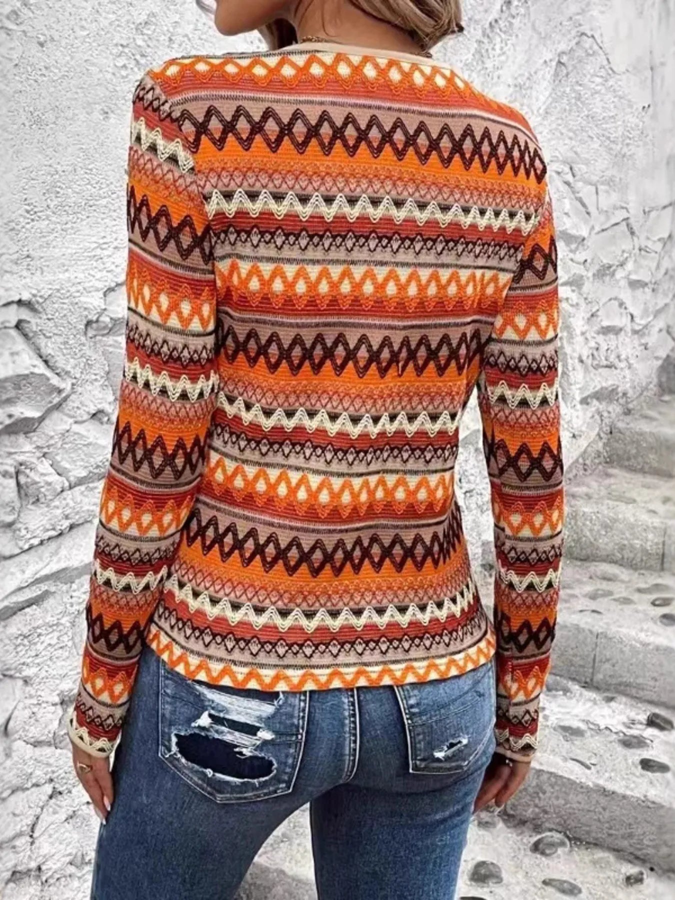 Bohemian Geometric Pattern Long Sleeve T-Shirt - Fashorio