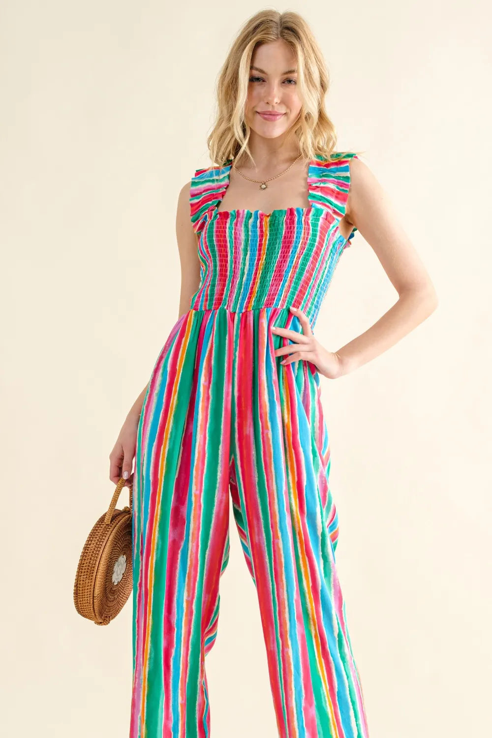 Striped Smocked Sleeveless Jumpsuit detail