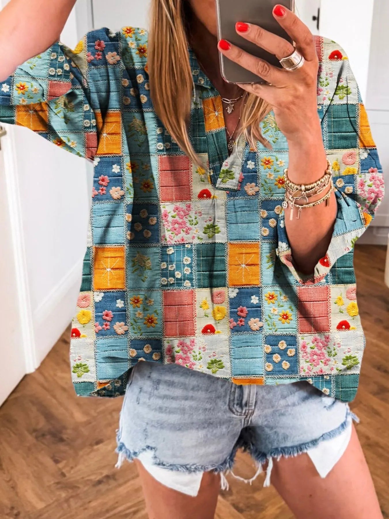 Patchwork Print Notched Long Sleeve Blouse - Fashorio