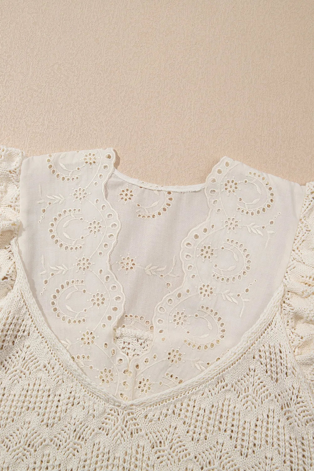 Embroidered Patchwork Openwork Ruffle Sweater Vest in Beige view 10