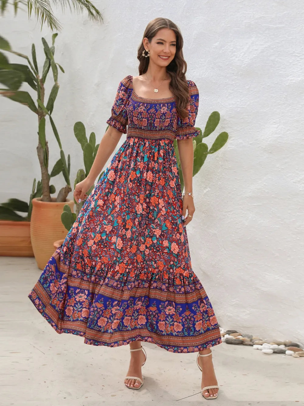 Floral midi dress caramel colorway