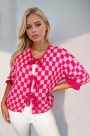 Double Take Tied Checkered Dropped Shoulder Flounce Sleeve Cardigan Hot Pink - Fashorio