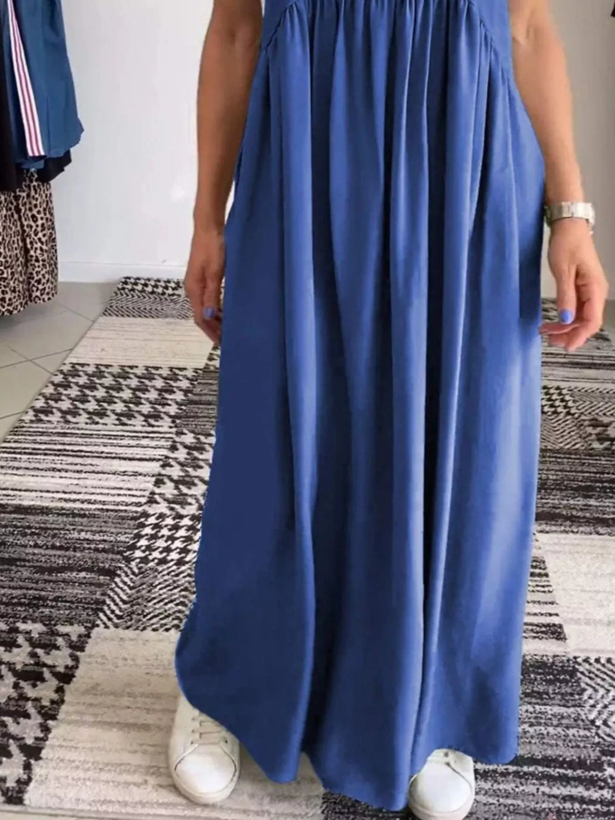 ruched wide strap overall maxi dress styled look