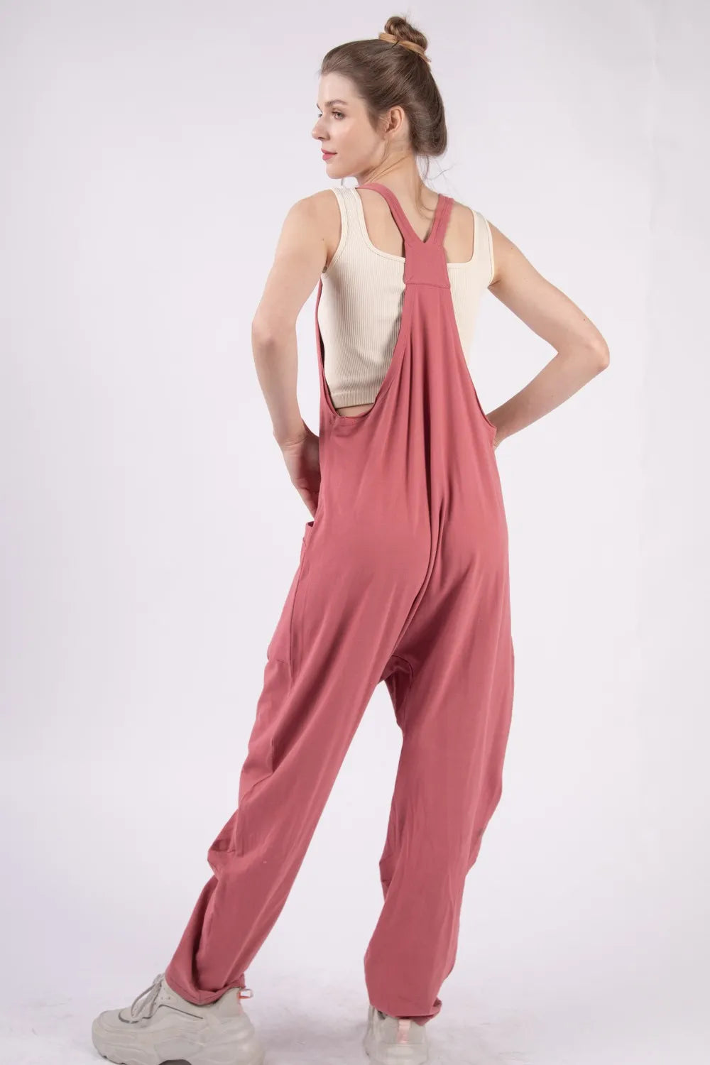 Plunge Sleeveless Jumpsuit with Pockets back view